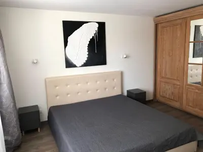 a bedroom with a bed and a picture on the wall at TWIX dvi skirtingos gretimos erdvės in Birštonas