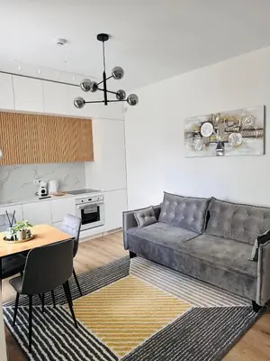 a living room with a couch and a table at Žaliakalnis Suites in Kaunas