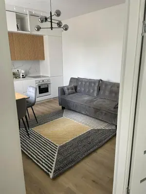 a living room with a couch and a table at Žaliakalnis Suites in Kaunas