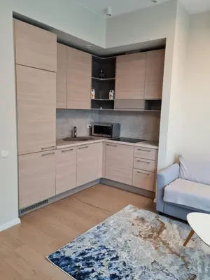 a kitchen with wooden cabinets and a blue couch at Saulės Muzika in Druskininkai