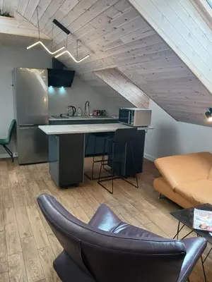 a kitchen with a sink and a counter in a room at Loft style studio in the Old Town in Kaunas