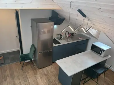 a kitchen with a refrigerator and a counter with a microwave at Loft style studio in the Old Town in Kaunas