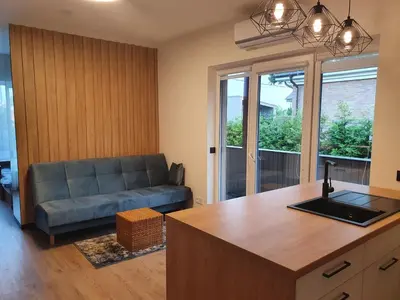 a living room with a couch and a table at Apartment with Terrace in Vilnius