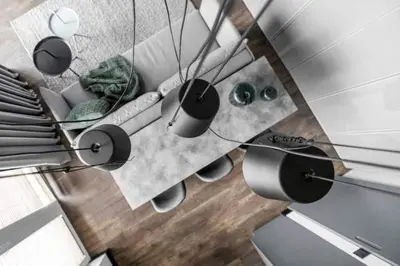 an overhead view of a living room with a chandelier at Boutique Studio with Free Parking & AC in Kaunas