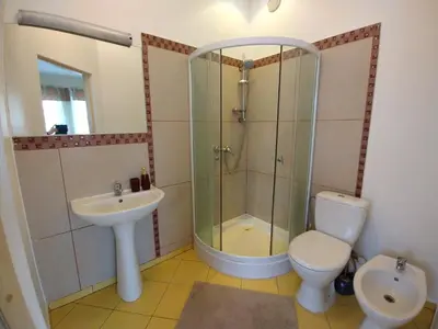 a bathroom with a shower and a toilet and a sink at A Tranquil Oasis, Lakeview Home in Lapes Kaunas in Lapės
