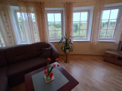 a living room with a couch and a table at A Tranquil Oasis, Lakeview Home in Lapes Kaunas in Lapės