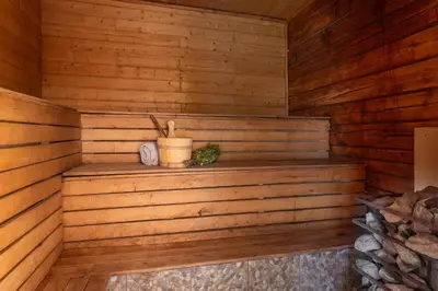 a sauna with a bench in a wooden cabin at Bačkis camp in Bačkonys