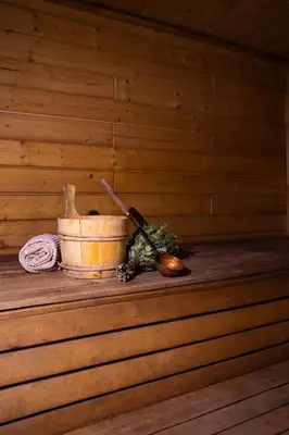 a wooden sauna with a bucket and a wooden spoon at Bačkis camp in Bačkonys