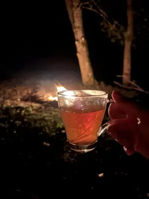 a person holding a drink in front of a fire at Žalioji vila in Varteliai