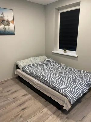 a bedroom with a zebra print bed in a room with a window at A&D Apartament in Kaunas