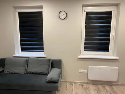 a living room with a couch and two windows at A&D Apartament in Kaunas