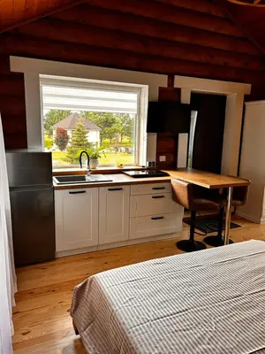 a kitchen with a sink and a table and a window at Pavasario Namai & SPA in Butrimiškiai