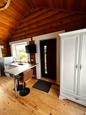 a kitchen with a table and a desk in a room at Pavasario Namai & SPA in Butrimiškiai