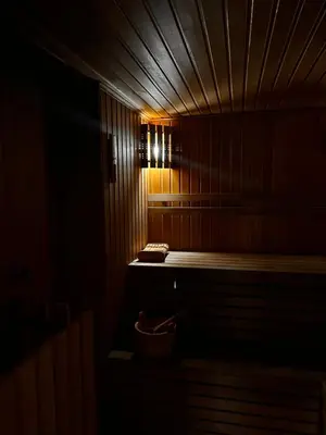 a small room with a bed in a dark room at Pavasario Namai & SPA in Butrimiškiai