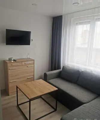 a living room with a couch and a table at Lauros & R apartamentai in Panevėžys