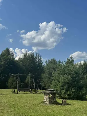 a park with a picnic table and a playground at Poilsio Pieva in Ąžuolų Būda