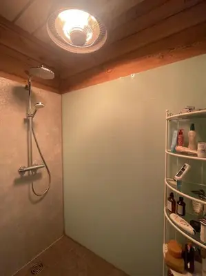 a bathroom with a shower with a light on the ceiling at Namelis su pirtimi in Kaunas