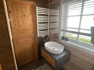 a bathroom with a white sink and a window at Namelis su pirtimi in Kaunas