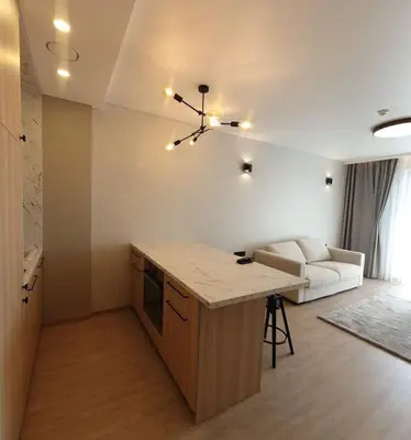 a kitchen and living room with a couch and a table at Cozy flat 911 in Vilnius
