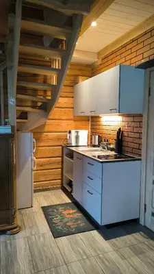 a kitchen with white appliances and a wooden wall at Pirtelė Rykštelė in Karmėlava