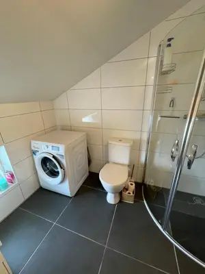 a bathroom with a toilet and a washing machine at JZ apartamentai in Kelmė