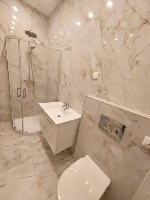 a bathroom with a toilet and a shower and a sink at Trakai Castle View Villa55 in Trakai