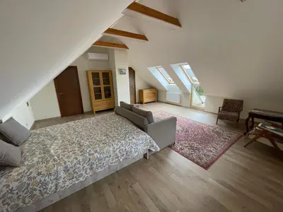 an attic bedroom with a bed and two skylights at Trakai Castle View Villa55 in Trakai