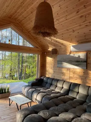 a living room with a couch in a wooden room at Jack namai 1 in Puodžiai