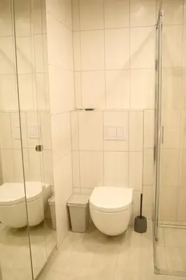 a white bathroom with a toilet and a shower at Cozy apartment located near to Paupys in Vilnius