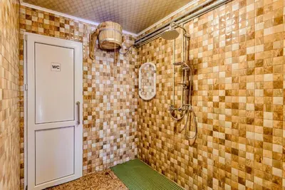 a bathroom with a walk in shower and a door at Tytuvos upelio Krantinė in Tytuvėnai
