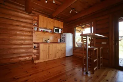 a kitchen in a log cabin with a refrigerator at Poilsiadienis in Aukštadvaris