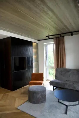 a living room with a couch and a television at Ralio apartamentai in Vilnius