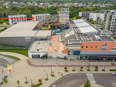 an aerial view of a building with a playground at Ralio apartamentai in Vilnius