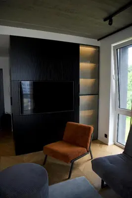 a living room with a chair and a flat screen tv at Ralio apartamentai in Vilnius