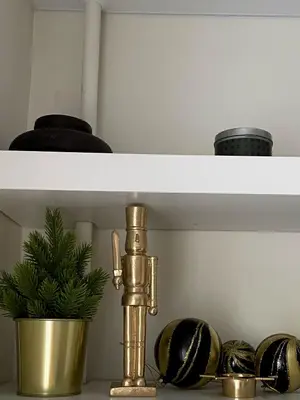a kitchen shelf with a gold faucet and a plant at Moss Suite in Druskininkai