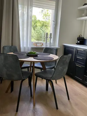 a table and chairs in a kitchen with a table at Moss Suite in Druskininkai