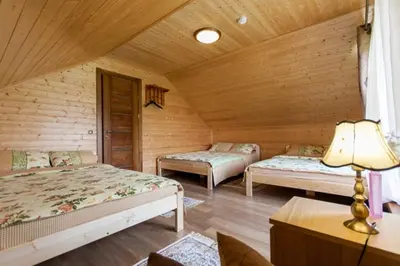 a bedroom with two beds in a log cabin at Vila Viesai in Trakai