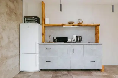 a kitchen with a white refrigerator in a room at Upės Namai Jonami in Anykščiai