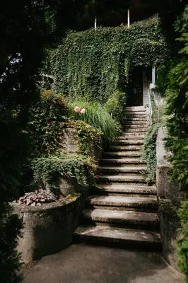 a set of stone stairs in a garden at Upės Namai Jonami in Anykščiai
