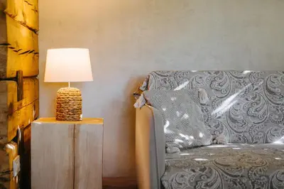a lamp sitting on a table next to a couch at Upės Namai Jonami in Anykščiai