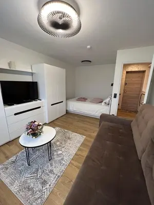 a living room with a couch and a table and a bed at Apartamentai AKVIJOLA in Vilkaviškis