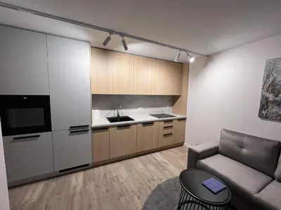 a living room with a couch and a kitchen at Peaceful Apartment Lazdynai in Vilnius