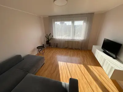 a living room with a couch and a flat screen tv at Karoliniškių apartamentai in Vilnius
