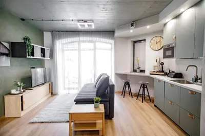 a living room with a couch and a kitchen at Hales Old Town Urban Apartments in Vilnius