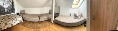 two pictures of a room with a bed and a chair at Svečių Namai Darželis in Šiauliai