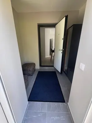 a hallway with a mirror and a door and a rug at Mintare in Šveicarija