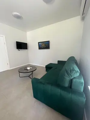 a living room with a green couch and a table at Mintare in Šveicarija