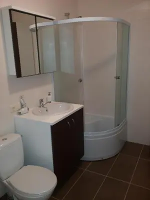 a bathroom with a toilet and a sink and a shower at Centro apartamentai - Vingio apartamentai in Vilnius