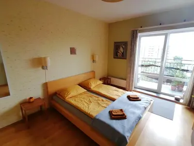 a bedroom with a bed and a large window at Jauki erdvĖ in Vilnius