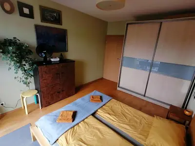 a bedroom with a bed and a large sliding glass door at Jauki erdvĖ in Vilnius